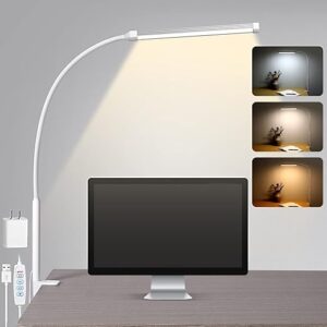 LED Desk Lamp with Clamp, Eye-Caring Clip on Lights for Home Office, 3 Modes 10 Brightness, Long Flexible Gooseneck, Metal, Swing Arm Architect Task Table Lamps with USB...