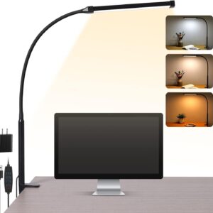 LED Desk Lamp with Clamp, Eye-Caring Clip on Lights for Home Office, 3 Modes 10 Brightness, Long Flexible Gooseneck, Metal, Swing Arm Architect Task Table Lamps with USB...