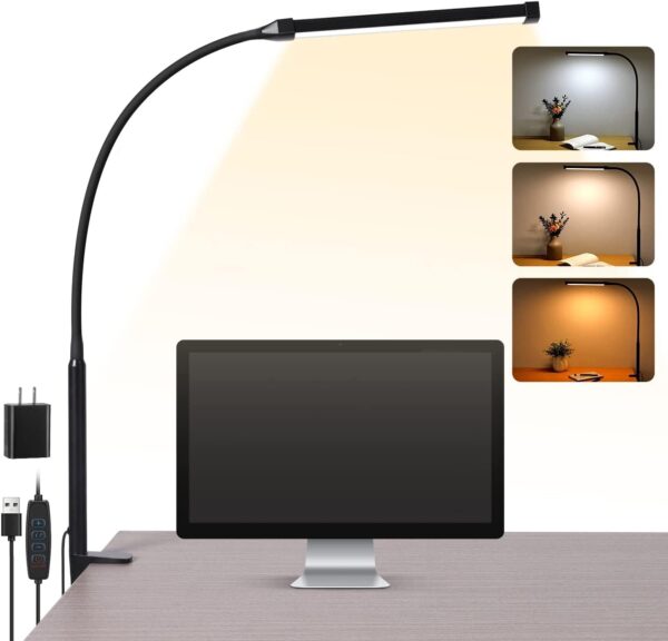 LED Desk Lamp with Clamp, Eye-Caring Clip on Lights for Home Office, 3 Modes 10 Brightness, Long Flexible Gooseneck, Metal, Swing Arm Architect Task Table Lamps with USB...