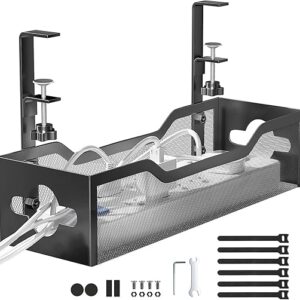 Under Desk Cable Management Tray No Drill, Metal Mesh Cable Management Under Desk with Clamp Mount, 2 Hole Cable Tray with Wire Management and Cord Organizer for Home Office...